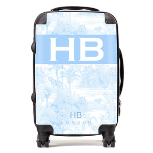 Personalised Powder Blue Tiger Toile with Original Font Initial Suitcase