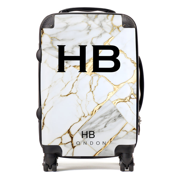 Personalised White and Gold Marble with Black Font Initial Suitcase