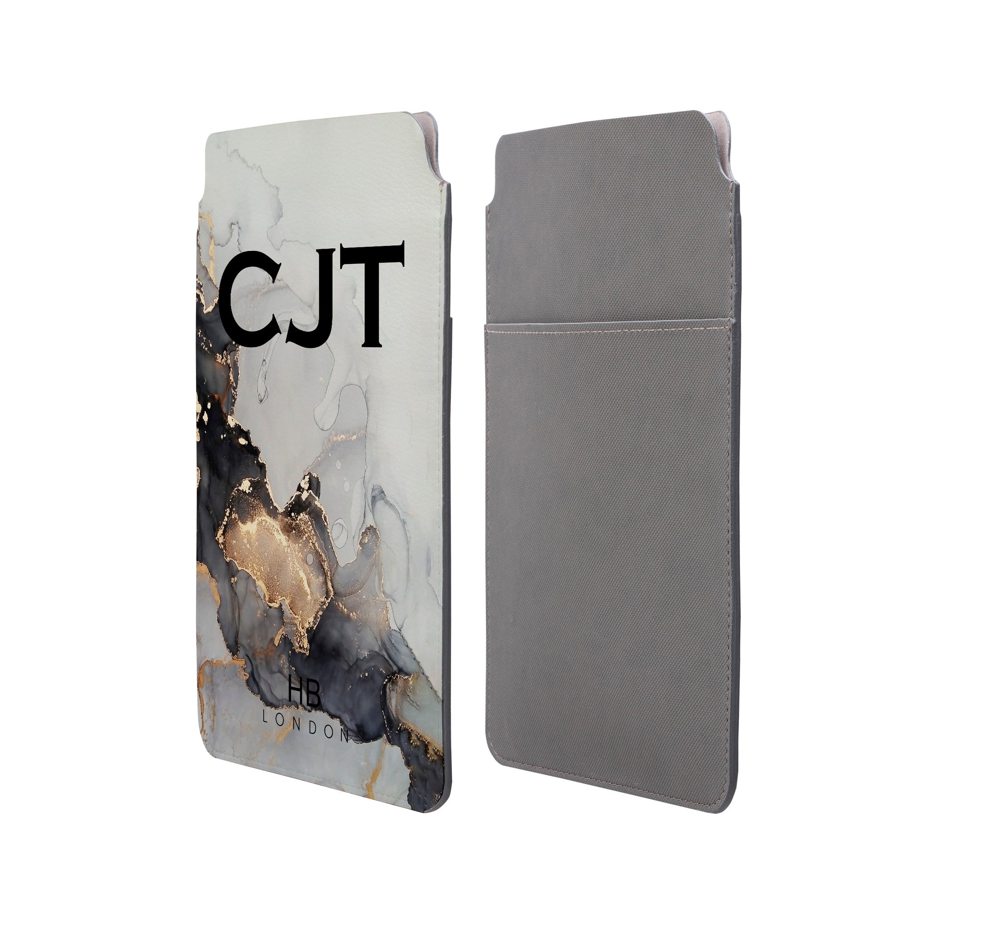 Personalised Grey, Charcoal and Gold Ink Marble with Black Font Initial Tablet/Laptop Pouch