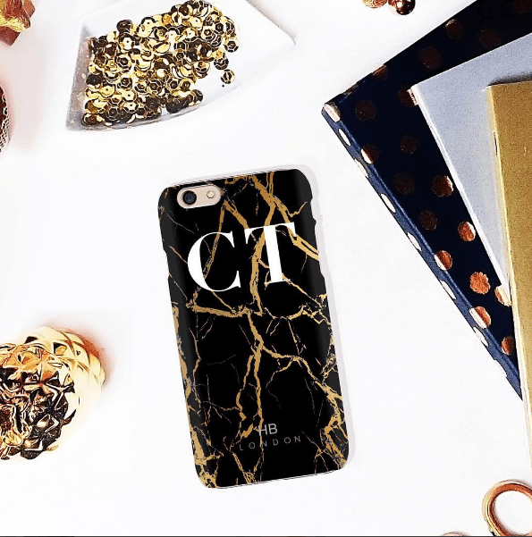 Personalised Black and Gold Marble Initial Phone Case - HB LONDON