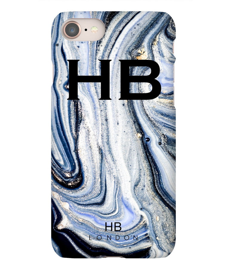 Personalised Blue and White Liquid Marble with Black Font Initial Phone Case - HB LONDON