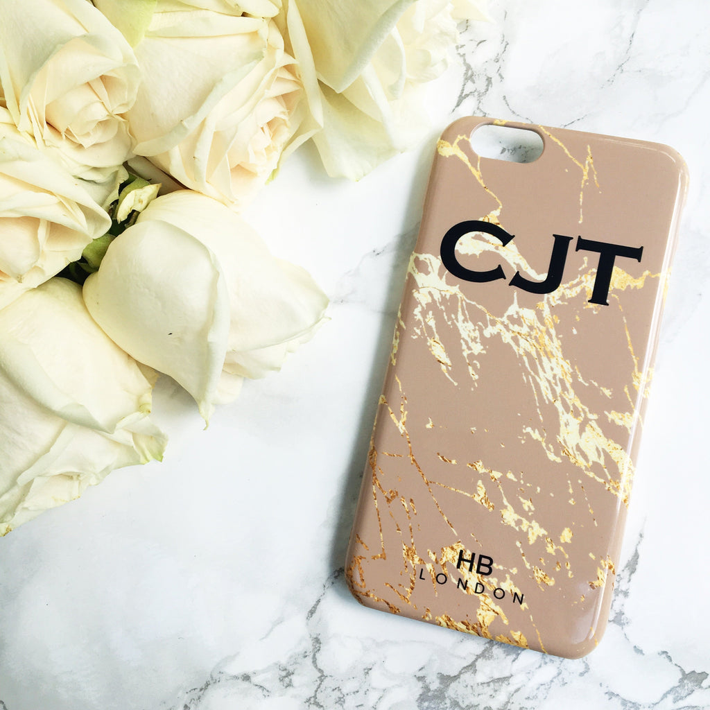 Personalised Nude and Gold Marble Initial Phone Case - HB LONDON