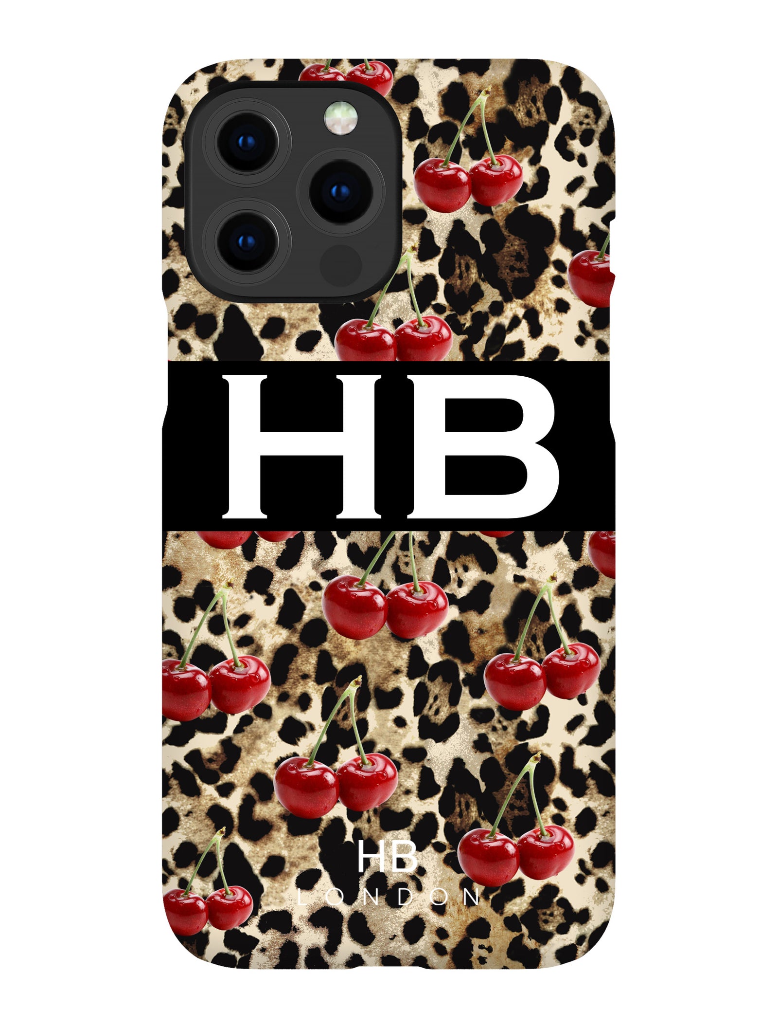 Personalised Leopard Print with Cherries Initial iPhone Case with White Font