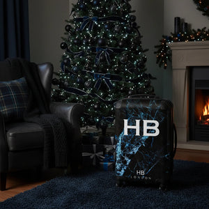 Personalised Black and Blue Cracked Marble Initial Suitcase