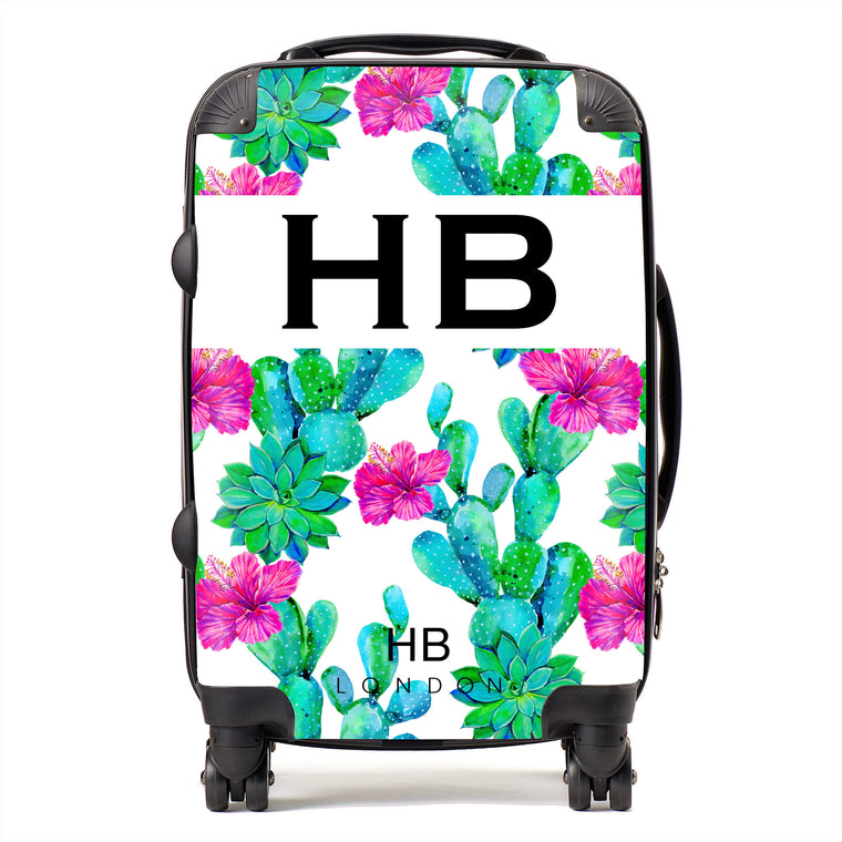 Personalised Cactus and Hibiscus Print Initial Suitcase - HB LONDON