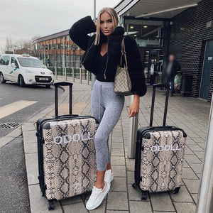 Personalised Beige Snake Skin Print with White Font Initial Suitcase - HB LONDON