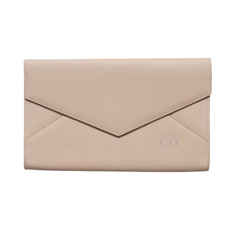 Nude Taupe Saffiano Leather Envelope Bag - HB LONDON