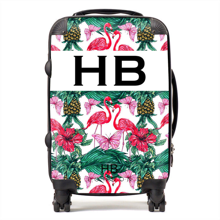 Personalised Flamingo and Butterfly Print Initial Suitcase - HB LONDON