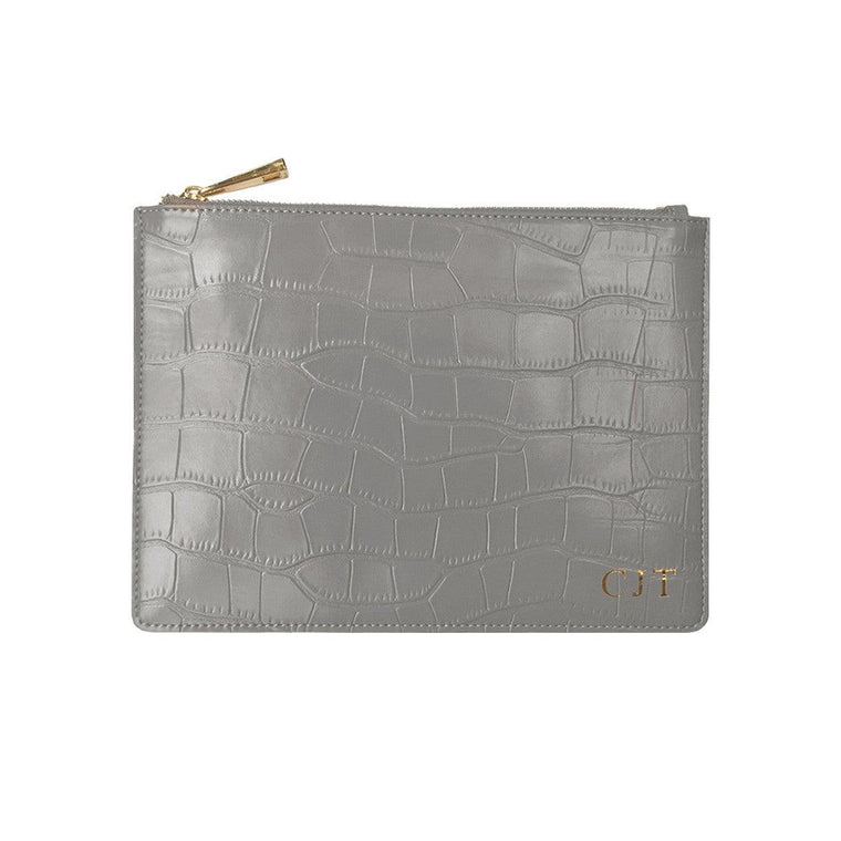 Grey Mock Croc Print Leather Clutch | Pouch Bag - HB LONDON