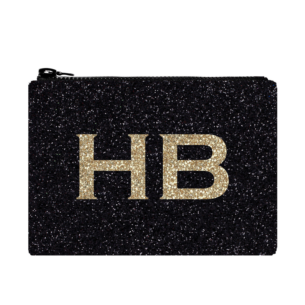 I Know The Queen Personalised Black with Gold Font Initial Glitter Clutch Bag - HB LONDON