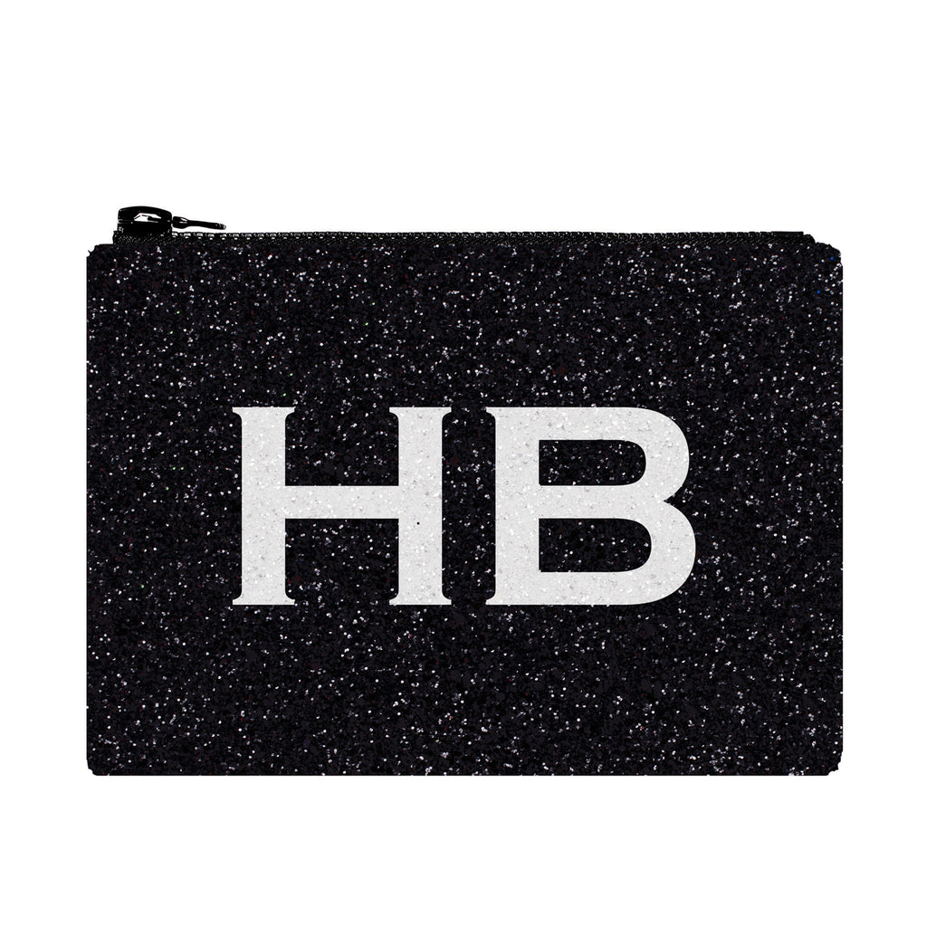 I Know The Queen Personalised Black with White Font Initial Glitter Clutch Bag - HB LONDON