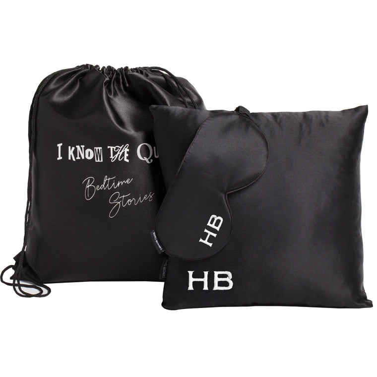 I Know The Queen Personalised Black Silk Embroidered Travel Set - HB LONDON