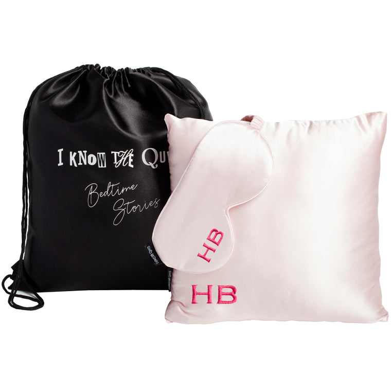 I Know The Queen Personalised Pink Silk Embroidered Travel Set - HB LONDON