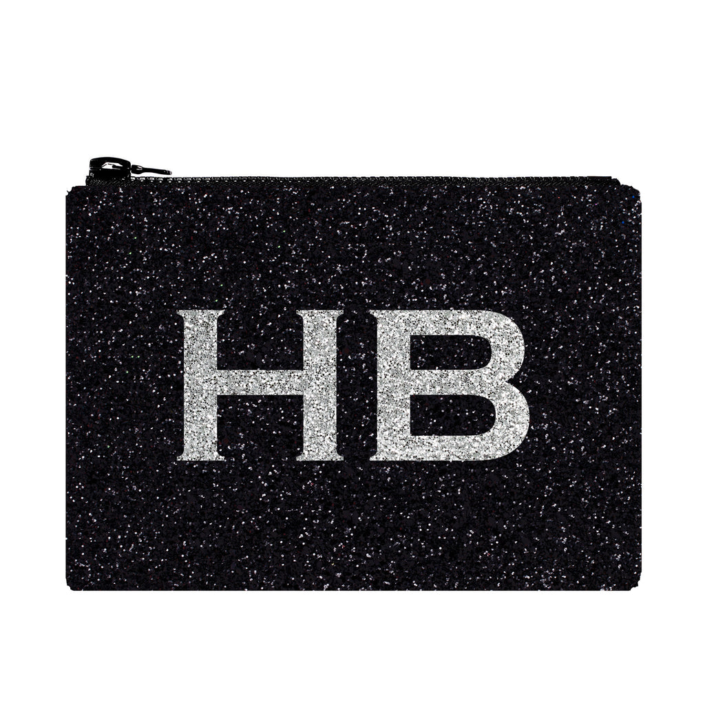 I Know The Queen Personalised Black with Silver Font Initial Glitter Clutch Bag - HB LONDON