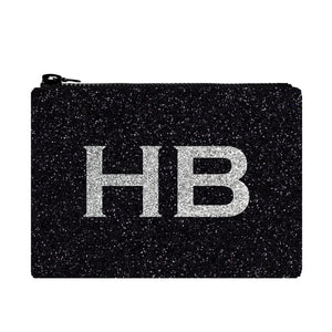 I Know The Queen Personalised Black with Silver Font Initial Glitter Clutch Bag - HB LONDON
