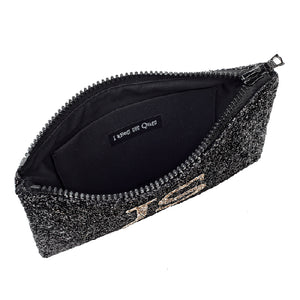 I Know The Queen Personalised Black with White Font Initial Glitter Clutch Bag - HB LONDON