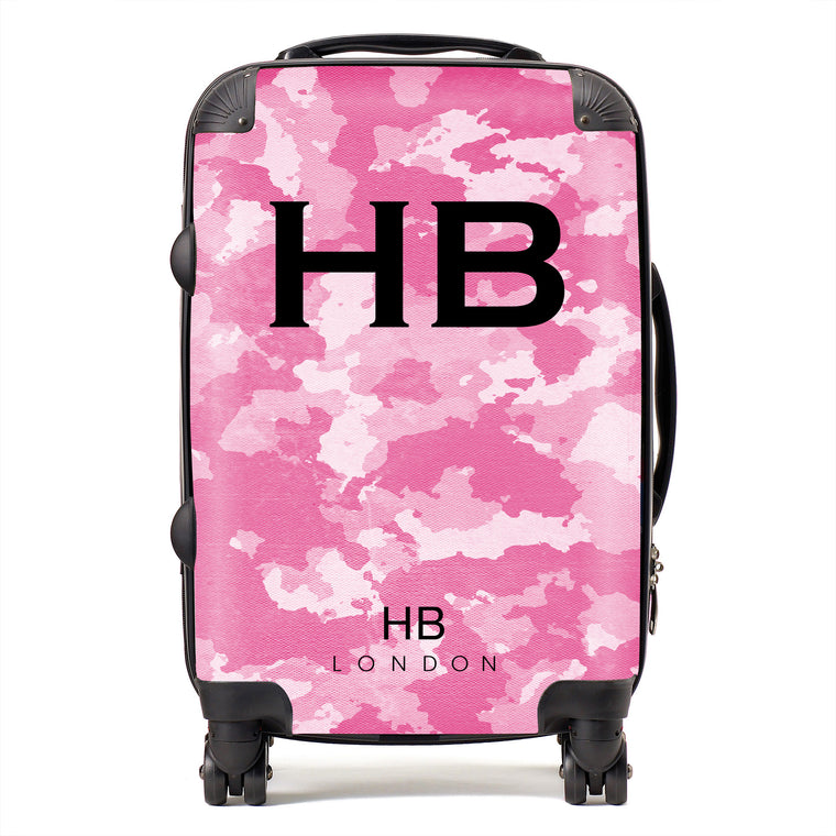 Personalised Pink Camouflage with Black Font Initial Suitcase - HB LONDON
