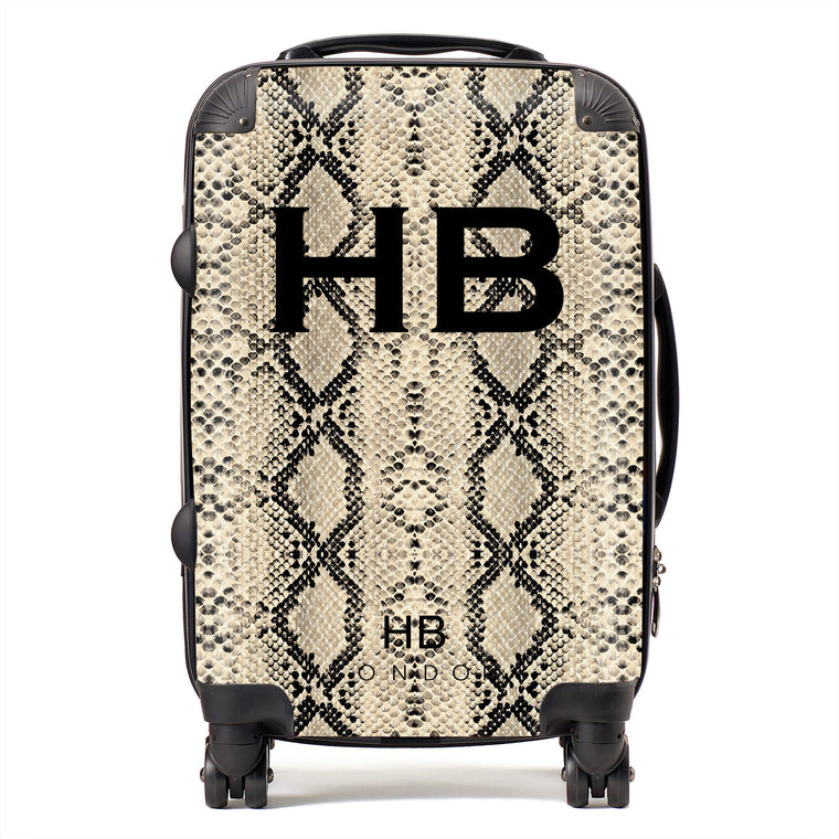 Personalised Beige Snake Skin Print with Black Font Initial Suitcase - HB LONDON