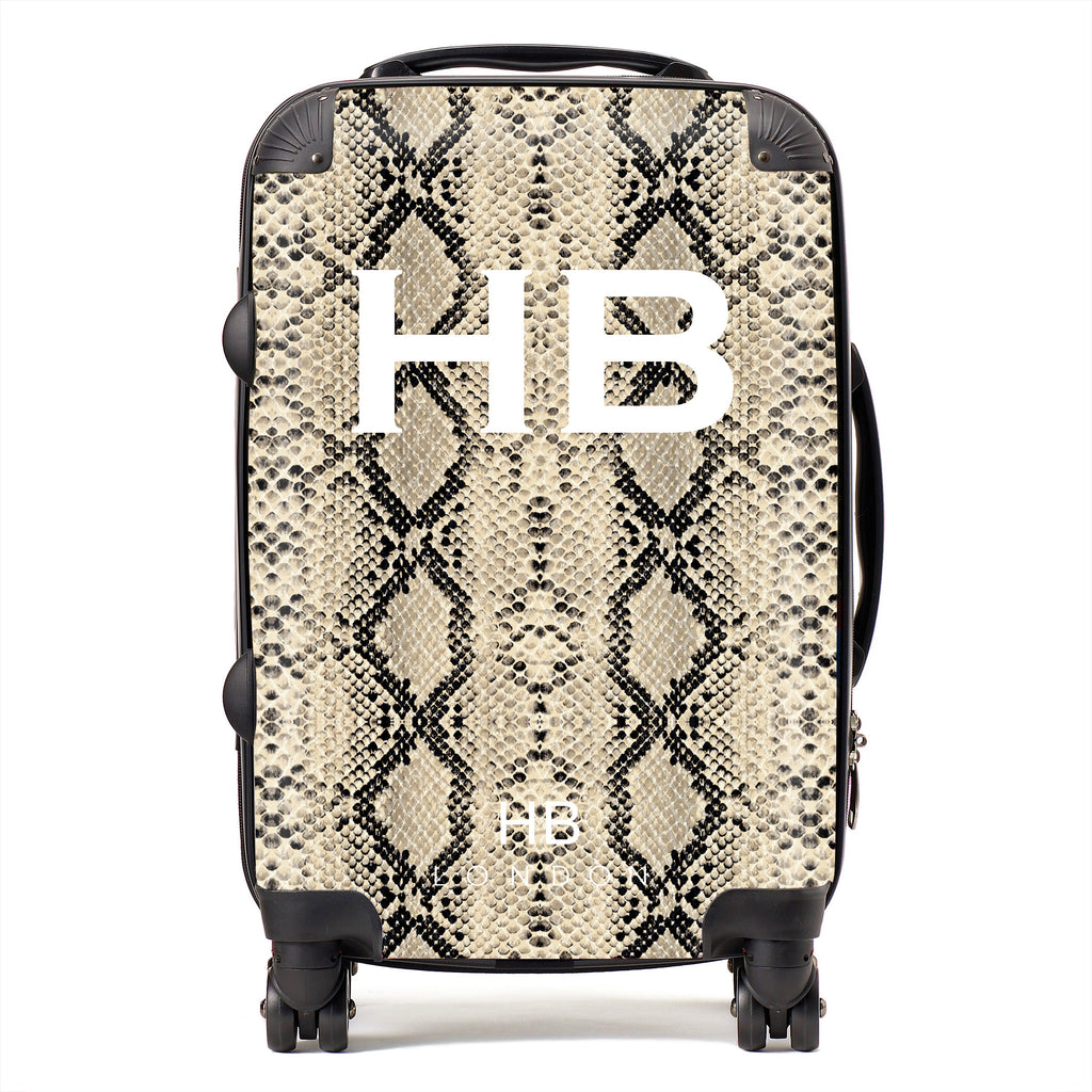 Personalised Beige Snake Skin Print with White Font Initial Suitcase - HB LONDON