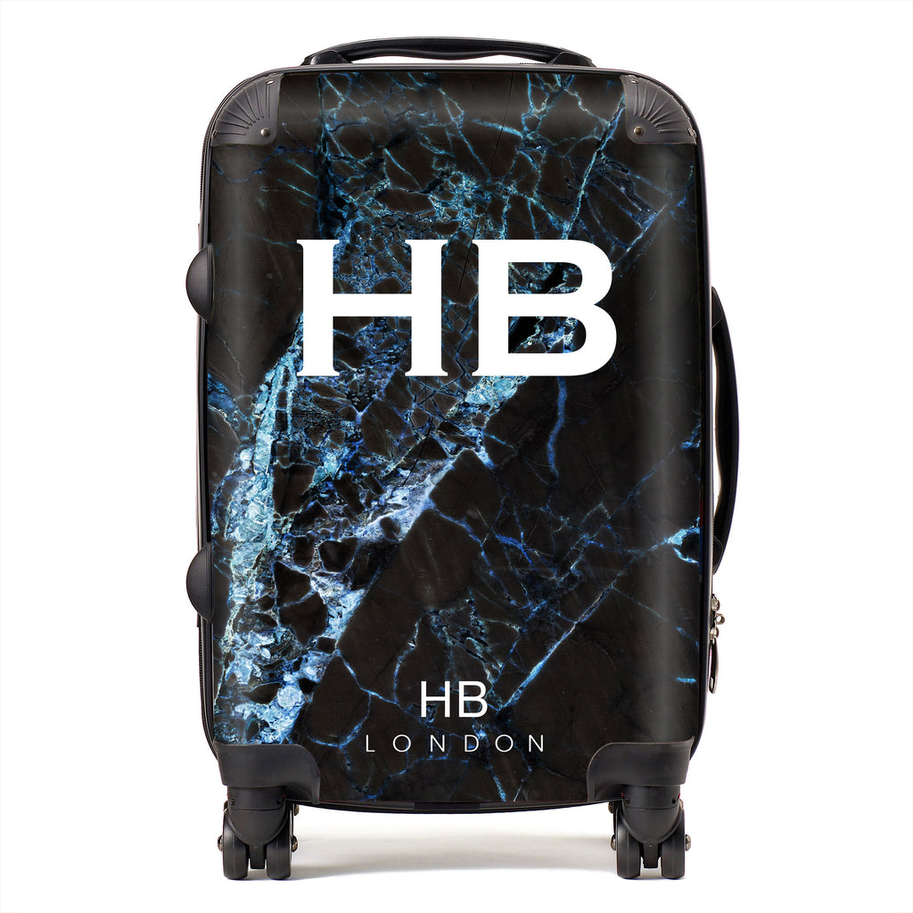 Personalised Black and Blue Cracked Marble Initial Suitcase - HB LONDON
