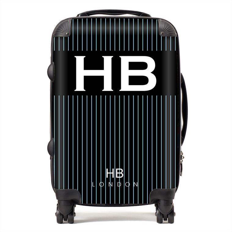Personalised Black and Blue Pinstripe with White Font Initial Suitcase - HB LONDON
