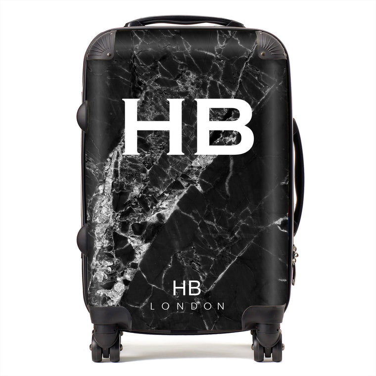 Personalised Black Cracked Marble Initial Suitcase - HB LONDON