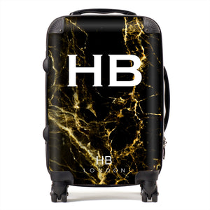 Personalised Black and Gold Marble Initial Suitcase - HB LONDON