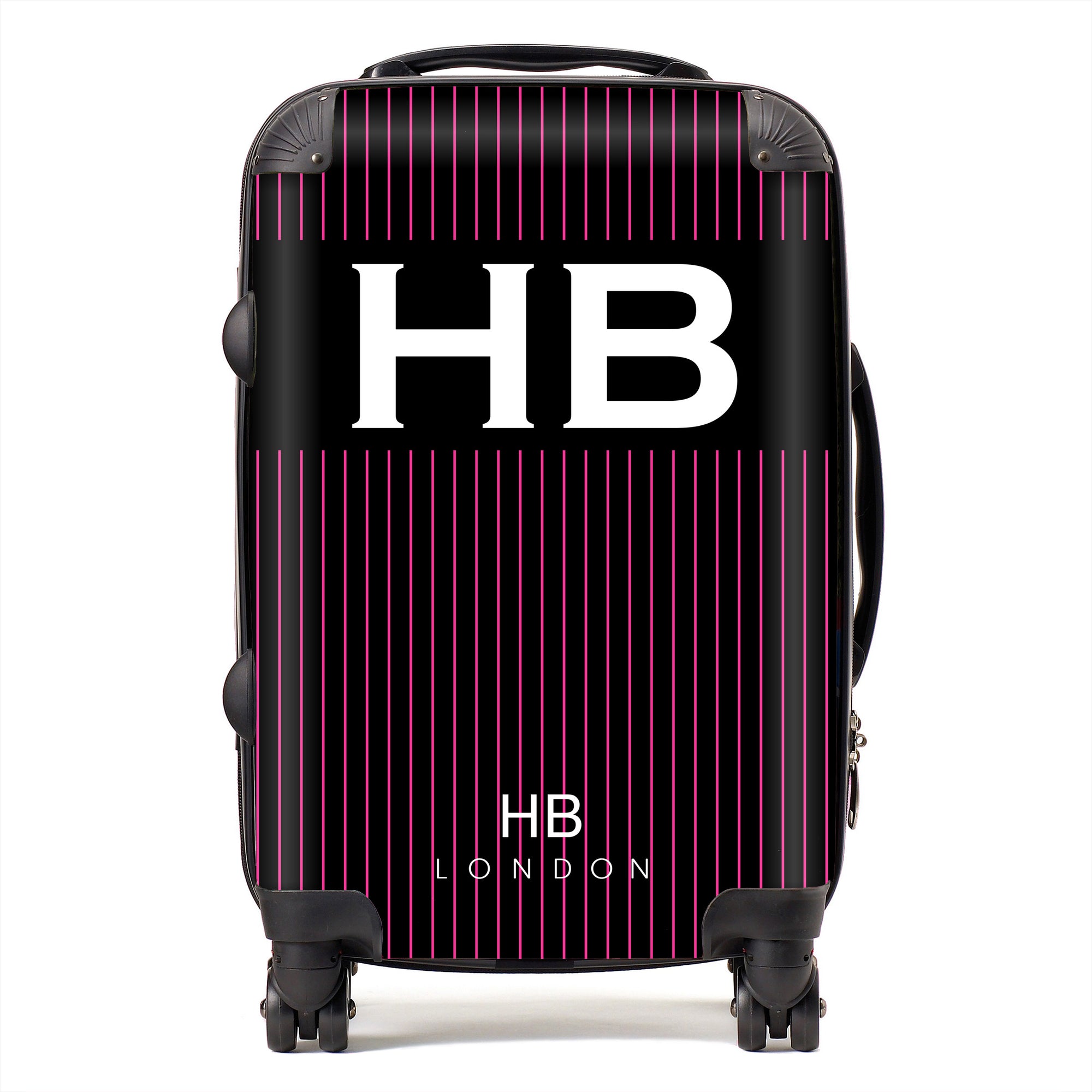 Personalised Black and Hot Pink Pinstripe with White Font Initial Suitcase - HB LONDON