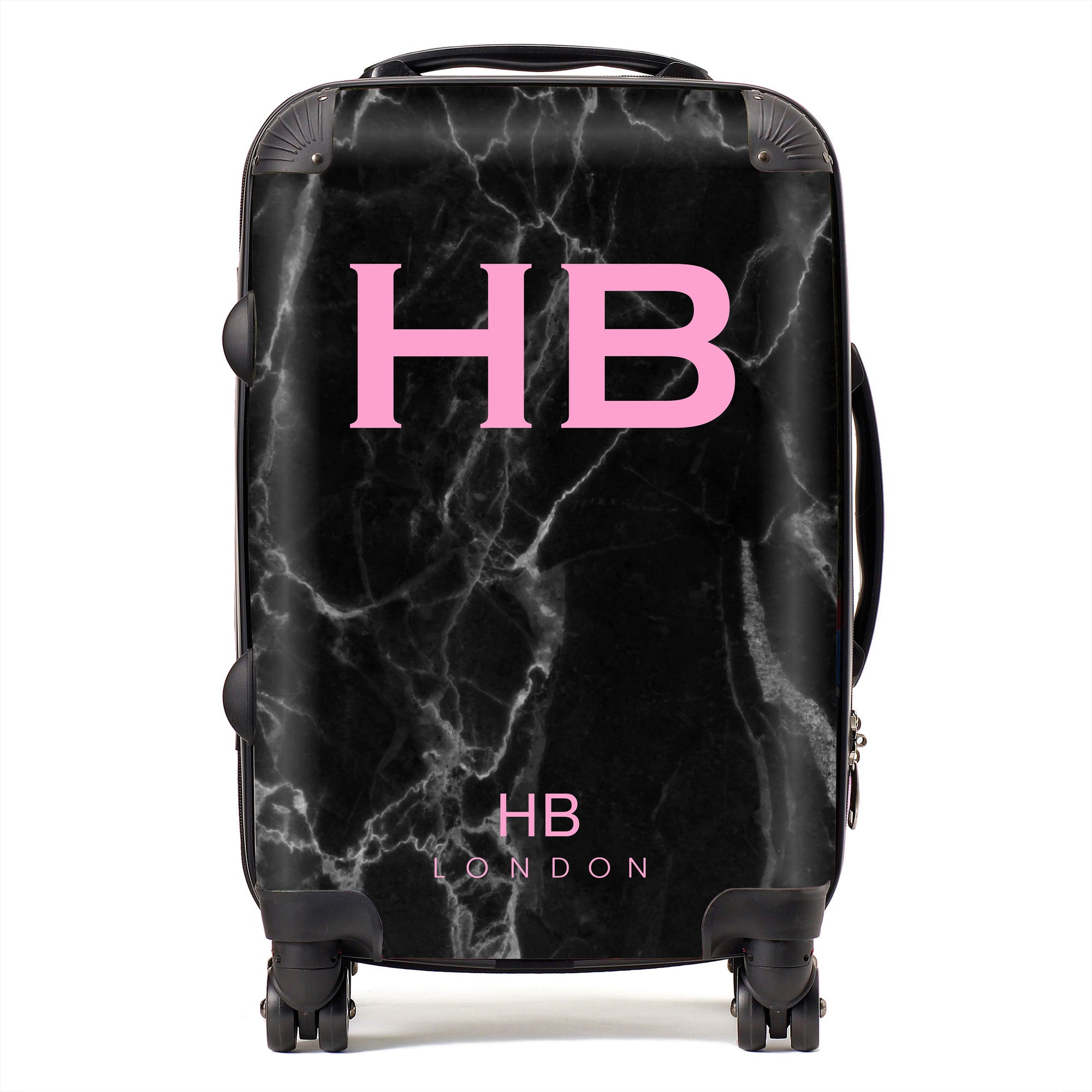 Personalised Black Marble with Pink Font Initial Suitcase - HB LONDON