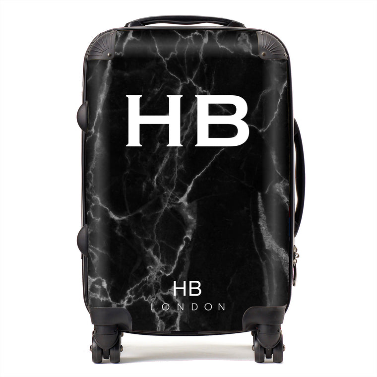 Personalised Black Marble with White Font Initial Suitcase - HB LONDON