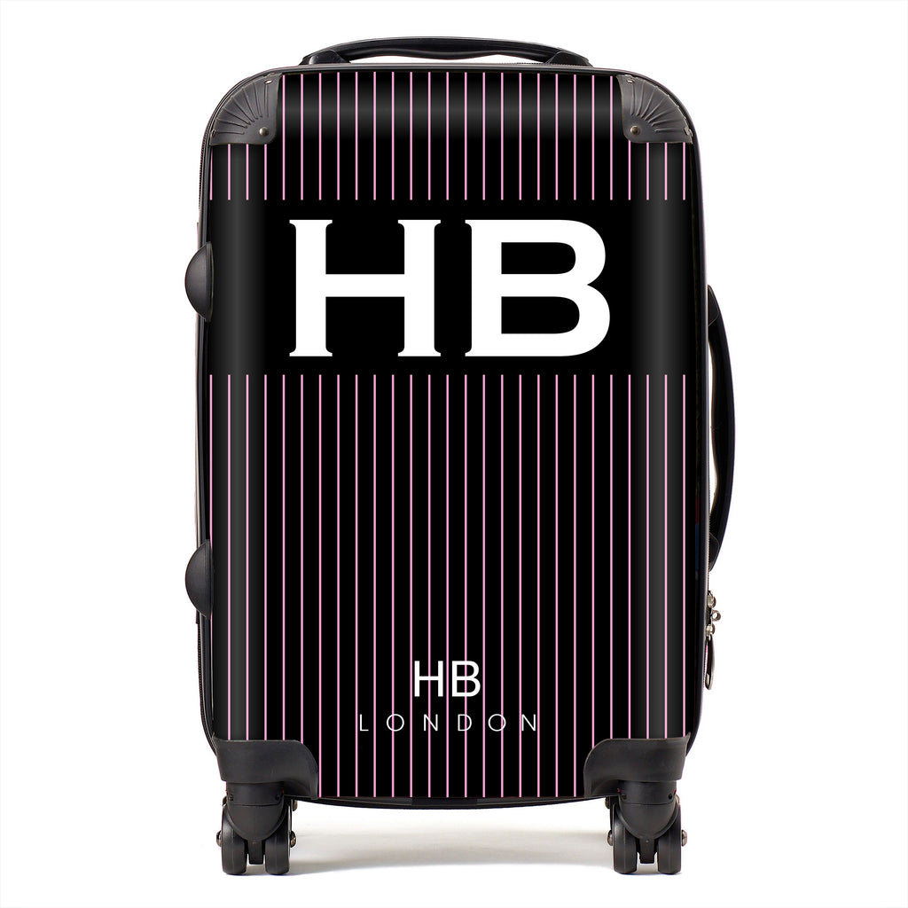 Personalised Black and Pink Pinstripe with White Font Initial Suitcase - HB LONDON