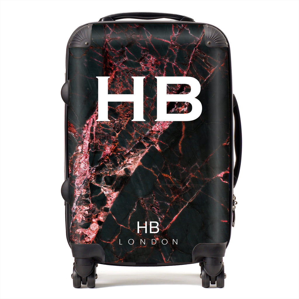Personalised Black and Red Cracked Marble Initial Suitcase - HB LONDON