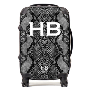 Personalised Black Snake Skin Print with White Font Initial Suitcase - HB LONDON