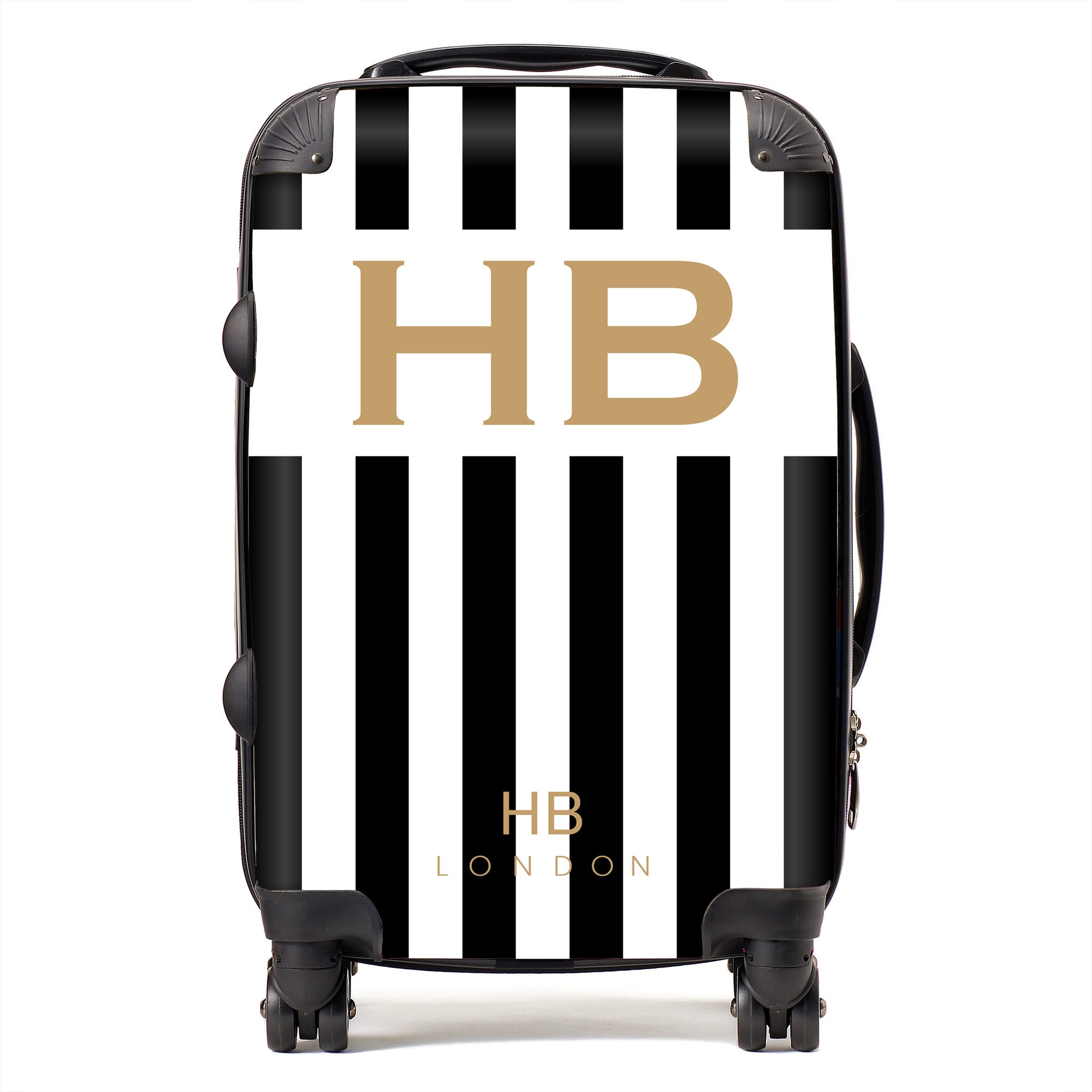 Personalised Black and White Stripe with Gold Font Initial Suitcase - HB LONDON