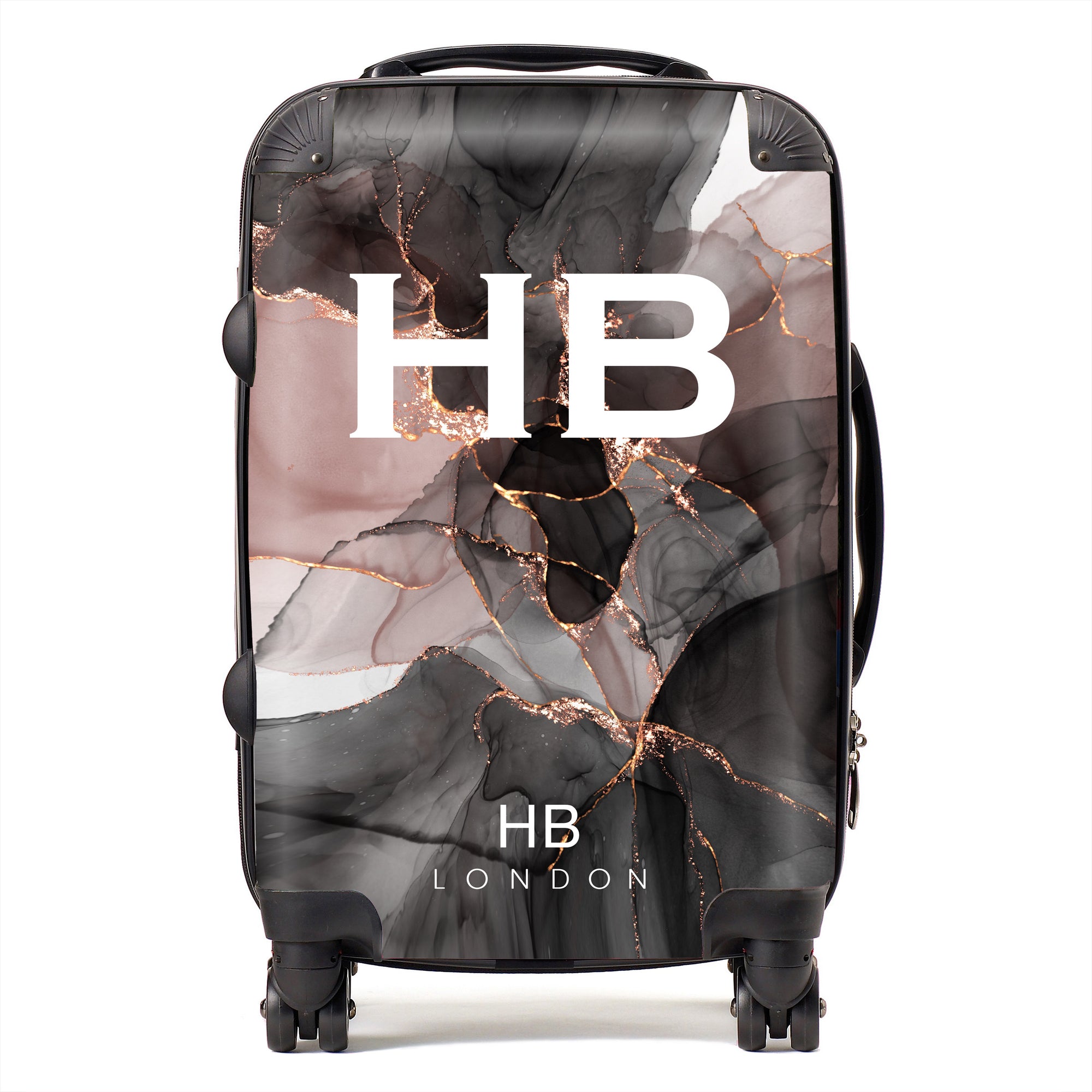 Personalised Black and Dusky Ink Marble with White Font Initial Suitcase - HB LONDON