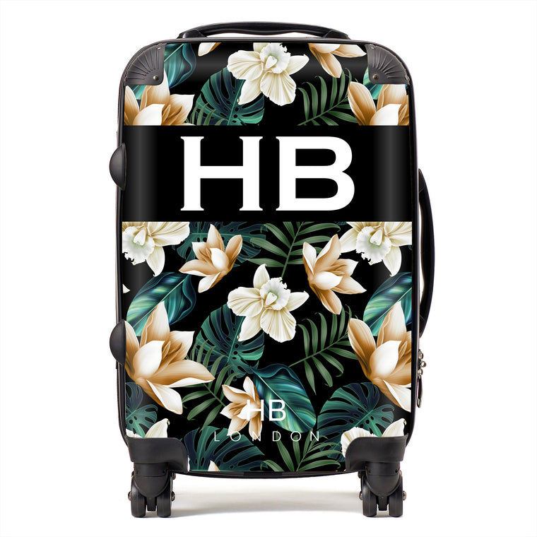 Personalised Black and Nude Tropical Flowers with White Font Initial Suitcase - HB LONDON
