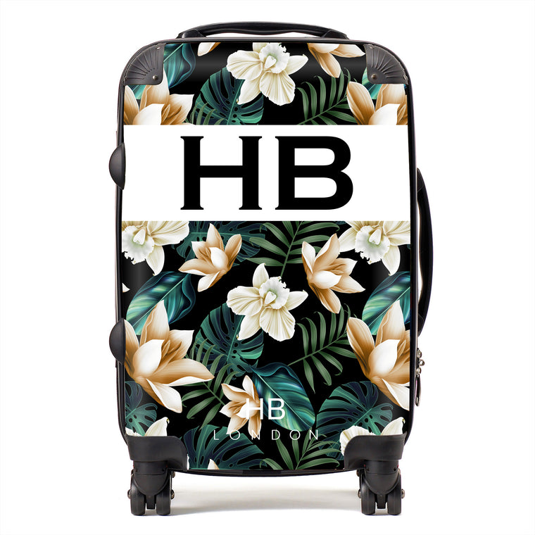 Personalised Black and Nude Tropical Flowers with Black Font Initial Suitcase - HB LONDON