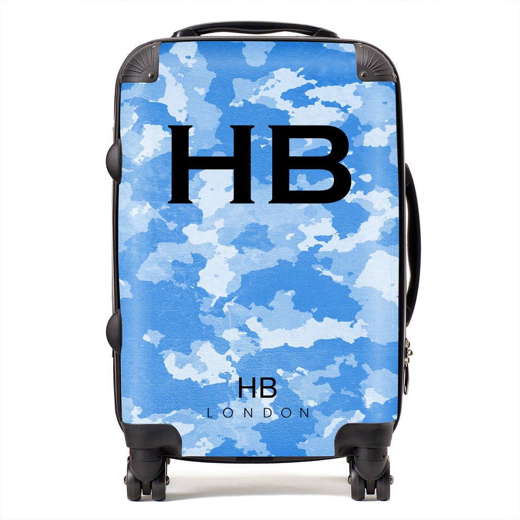 Personalised Blue Camouflage with Black Font Initial Suitcase - HB LONDON