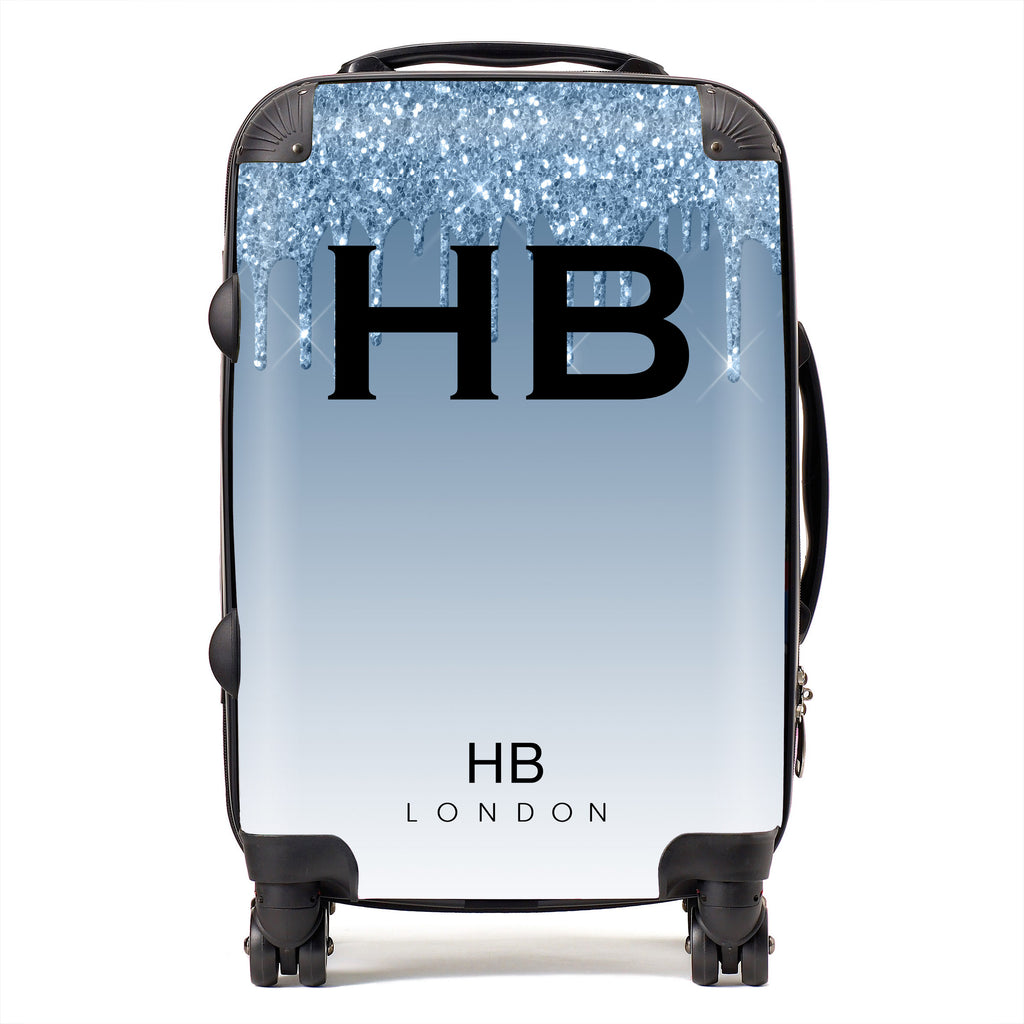 Personalised Blue Drip Glitter Effect with Black Font Initial Suitcase - HB LONDON