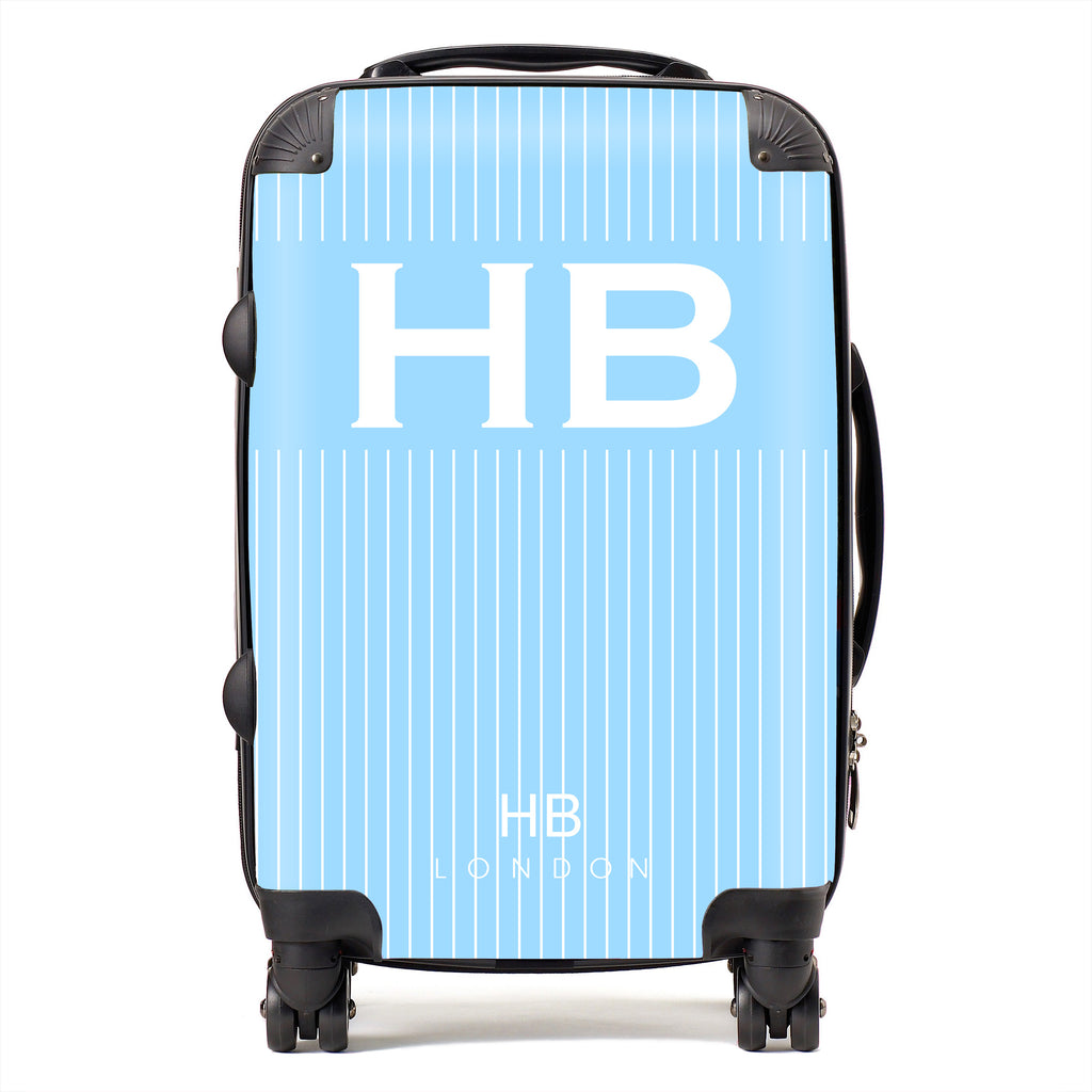 Personalised Blue Pinstripe with White Font Initial Suitcase - HB LONDON