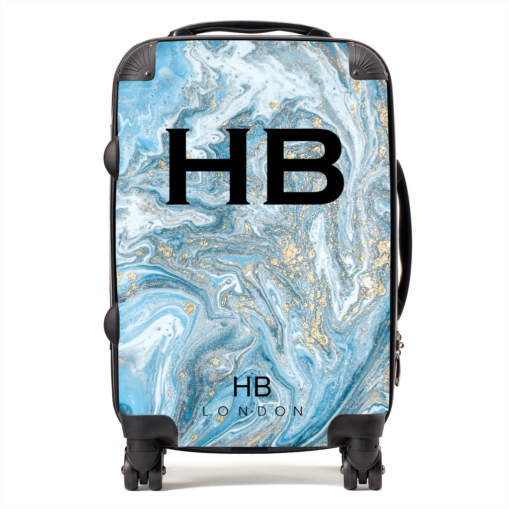 Personalised Blue and Gold Marble with Black Font Initial Suitcase - HB LONDON