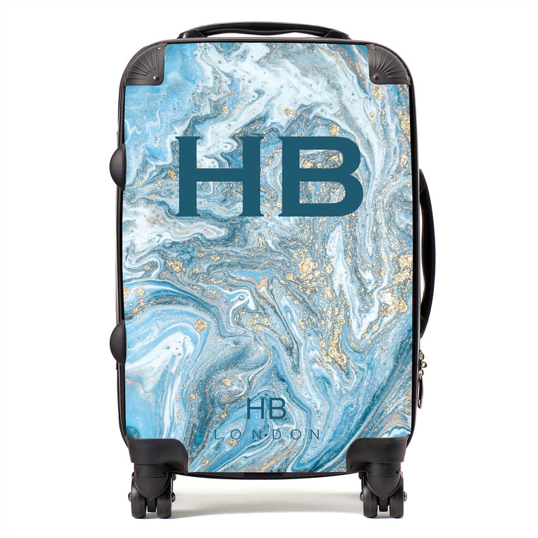 Personalised Blue and Gold Marble with Blue Font Initial Suitcase - HB LONDON