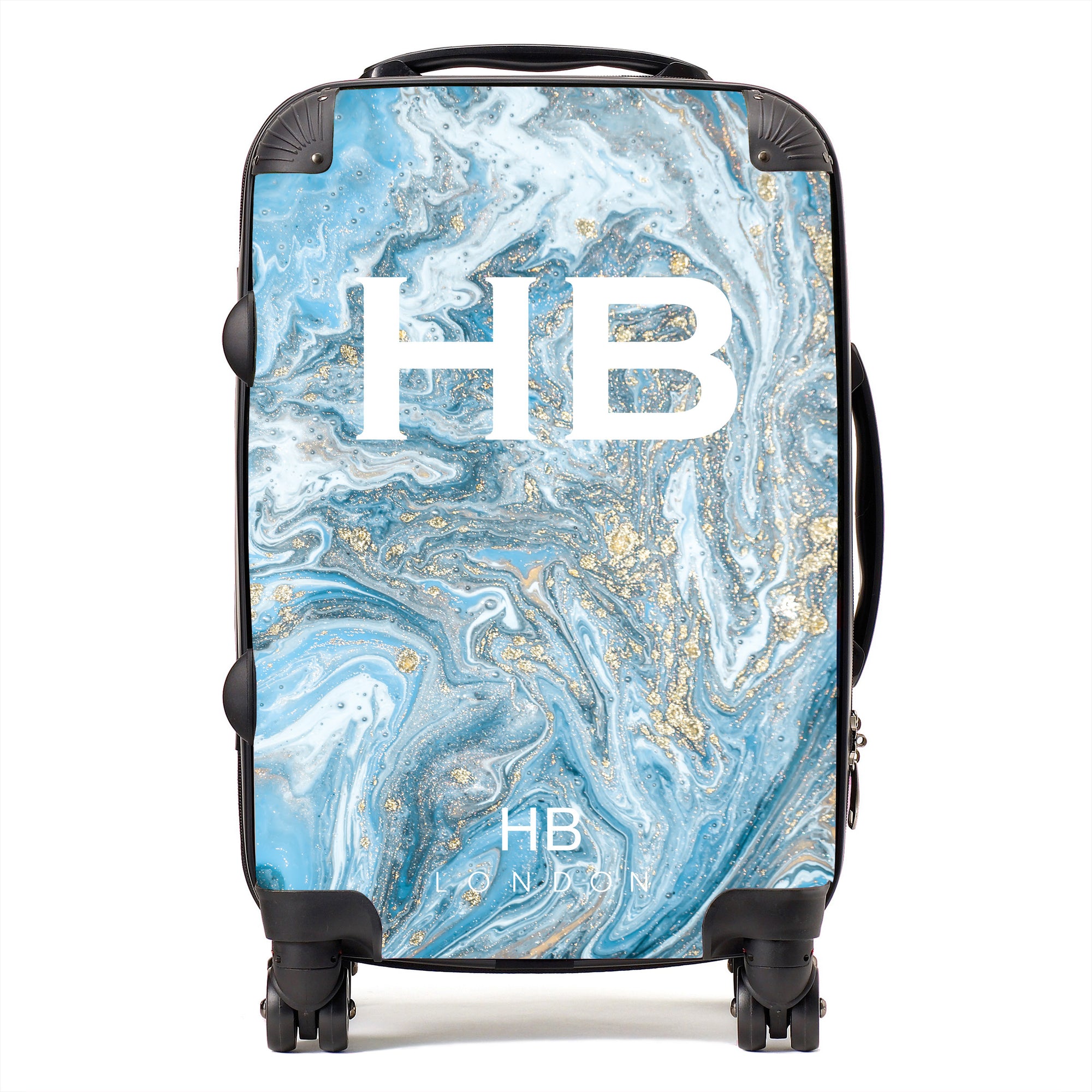 Personalised Blue and Gold Marble with White Font Initial Suitcase - HB LONDON