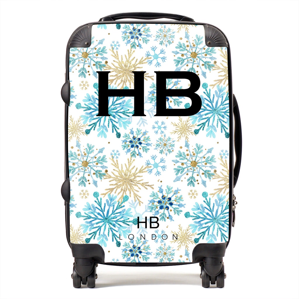 Personalised Blue and Gold Snowflake with Black Font Initial Suitcase - HB LONDON