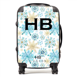 Personalised Blue and Gold Snowflake with Black Font Initial Suitcase - HB LONDON