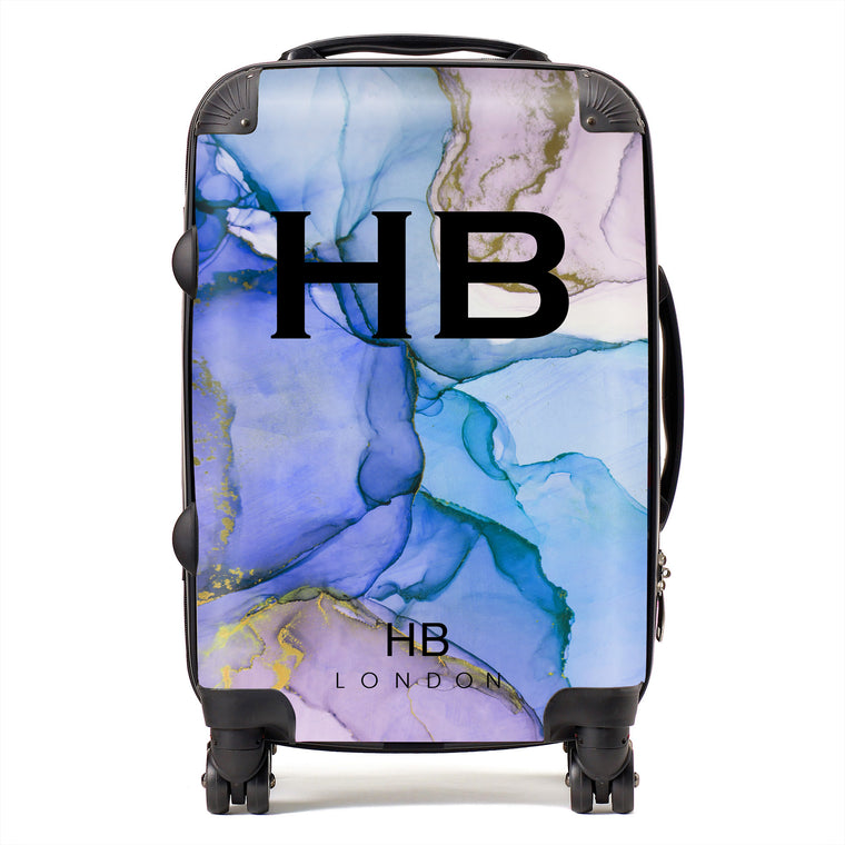 Personalised Blue and Purple Ink Marble with Black Font Initial Suitcase - HB LONDON