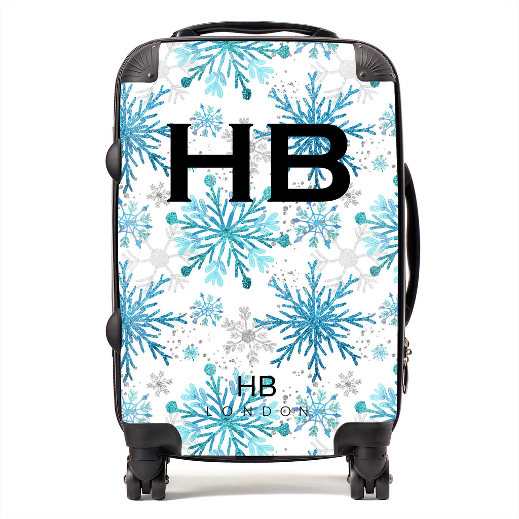 Personalised Blue and Silver Snowflake with Black Font Initial Suitcase - HB LONDON