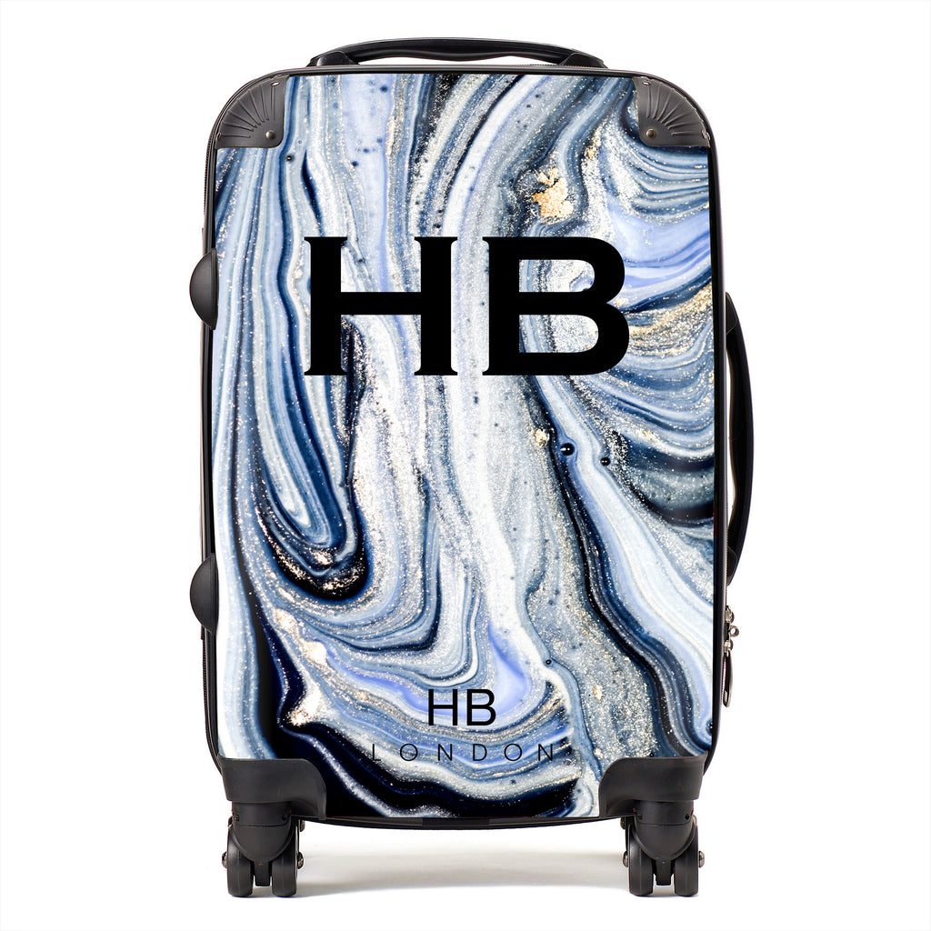 Personalised Blue and White Liquid Marble with Black Font Initial Suitcase - HB LONDON