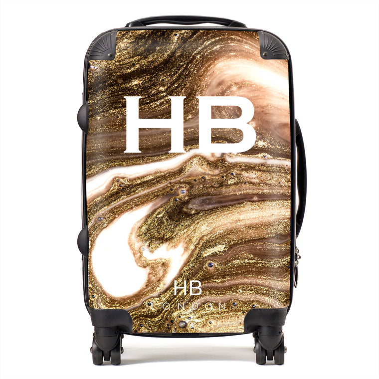 Personalised Bronze Liquid Marble with White Font Initial Suitcase - HB LONDON