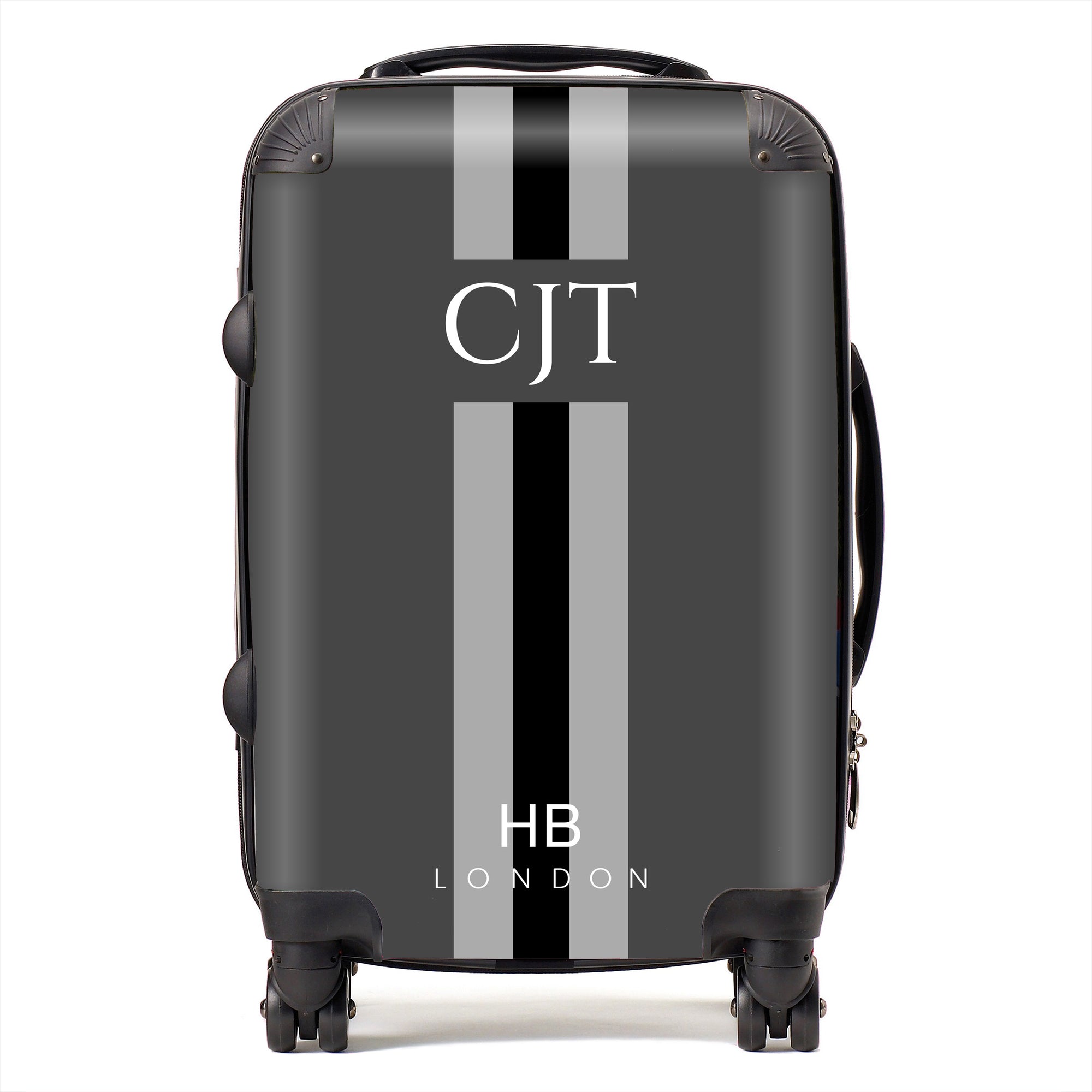 Personalised Slate, Black and Grey Stripe with White Font Initial Suitcase - HB LONDON